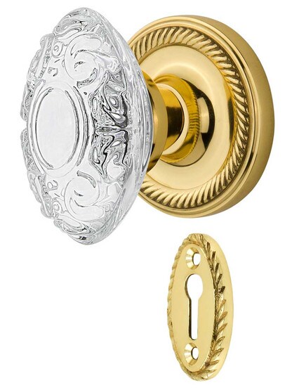 Rope Rosette Mortise-Lock Set with Victorian Crystal-Glass Knobs in Polished Brass.